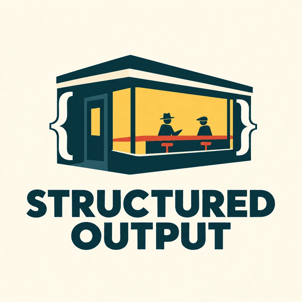 Structured Output: two people in hats in conversation at a warmly lit bar, framed by braces.